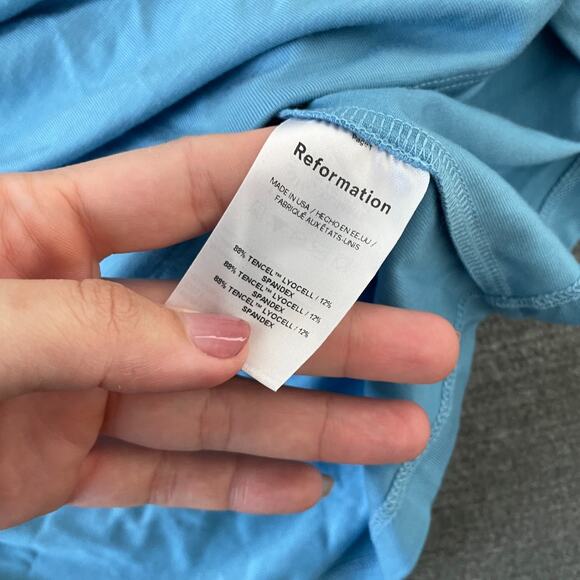 Reformation Izara Knit Mini Dress Women M Capri Blue Asymmetrical Top Ruched - Picture 4 of 9